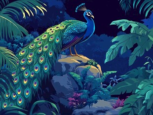 夜中孔雀栖于繁茂丛林间