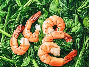 鲜虾配绿叶蔬菜插画