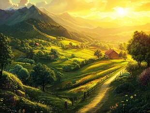 山间黄昏田园美景