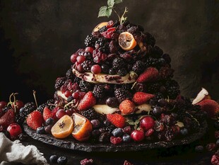 水果堆叠的美味多层蛋糕