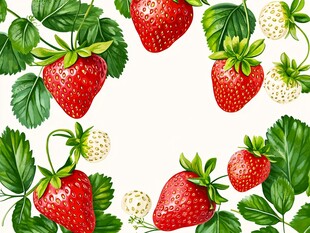 草莓绿叶环绕的清新画面