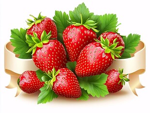 新鲜草莓配绿叶丝带装饰