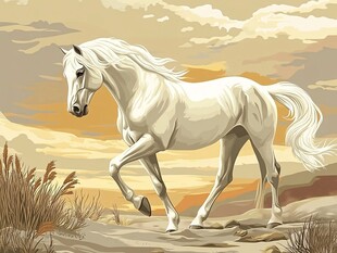 夕阳下的优雅白马