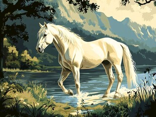 湖畔白马漫步自然美景