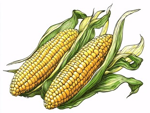手绘双玉米 绿叶相伴