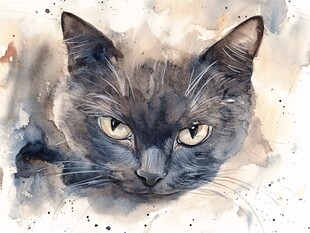 水彩黑猫特写