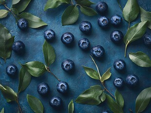 蓝莓绿叶铺陈于蓝底之上