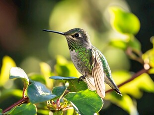 绿羽蜂鸟栖于绿叶间