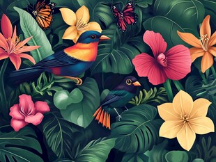 热带花鸟的绚丽丛林景象