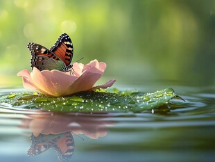 蝶栖粉莲 水面映美景