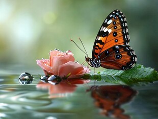 蝴蝶停驻粉玫瑰上