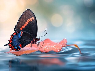 黑蝶栖红叶 水珠映灵动