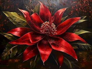 艳丽红花朵与绿叶的油画