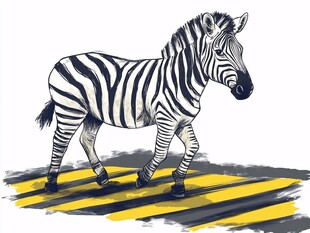 斑马漫步在黄黑条纹地面