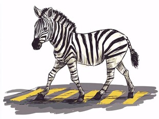 斑马漫步在黄条纹路面上