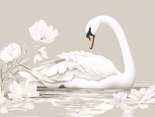 优雅天鹅伴白花于水面