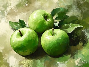 三颗青苹果的静物绘画