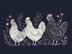 三只母鸡的田园插画