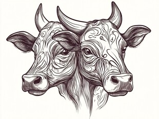 双牛图腾风格头部插画