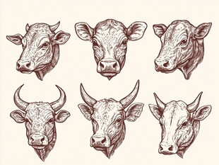 牛头部素描图案集合
