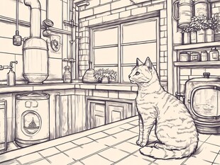 猫咪静坐于复古风厨房