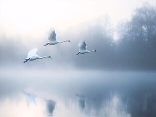 雾中天鹅湖面优雅飞翔