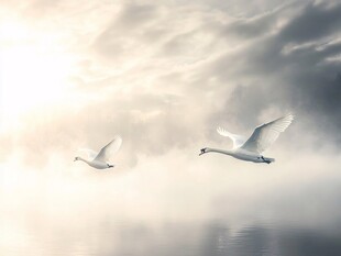 双天鹅在云雾中展翅翱翔