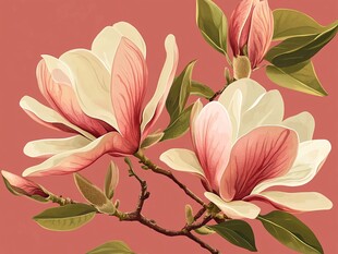 粉色玉兰花枝插画
