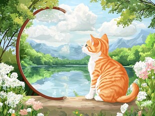 橘猫赏景于湖畔花丛间