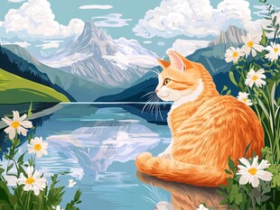 橘猫静赏山水间美景
