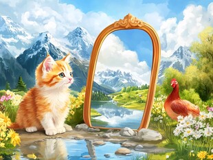 小猫赏景奇遇镜中风光