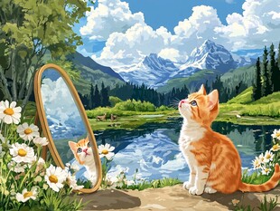 橘猫赏景对镜萌态尽显