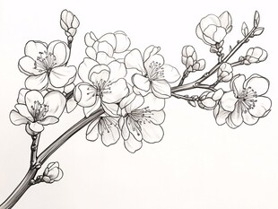 手绘花卉线条图 绽放花枝
