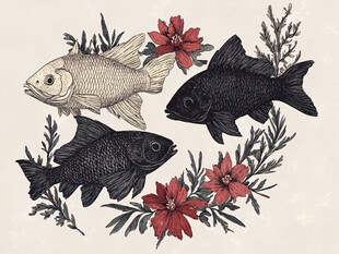 锦鲤花卉图案艺术插画