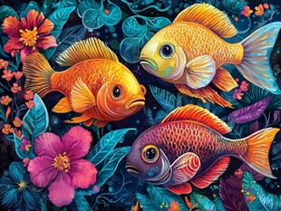 梦幻金鱼与花卉奇幻图景