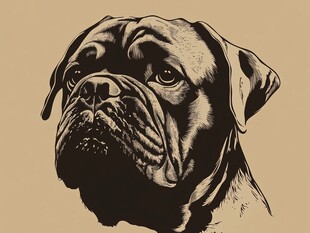 斗牛獒犬肖像黑白插画