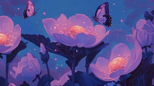 梦幻紫花与蝶的浪漫夜景
