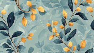 蓝底黄叶绿植花卉图案