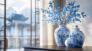 青花瓷瓶插蓝花雅致景致