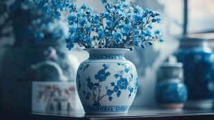 青花瓷瓶插满蓝色小花