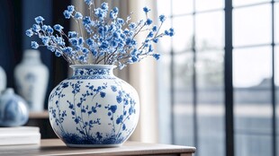 青花瓷瓶插满蓝花静物