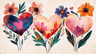 多彩心形花卉水彩插画