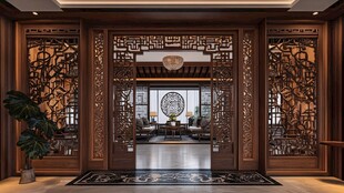 中式典雅木雕屏风玄关