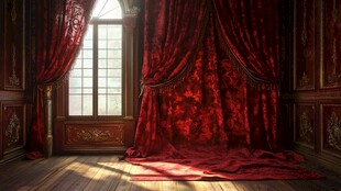 复古红帘装点的静谧房间