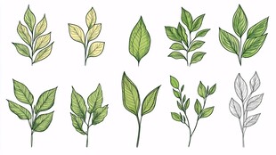 手绘清新绿叶植物素材