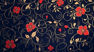 深蓝底红花金纹精美图案