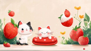 可爱猫咪与草莓的甜蜜场景