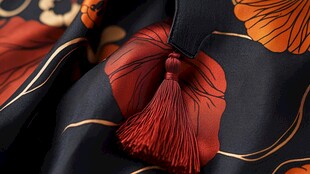 中式印花布料上的红色流苏