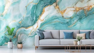 蓝绿金大理石纹客厅背景墙