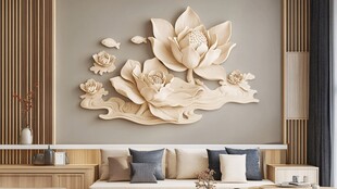 中式浮雕荷花客厅装饰墙